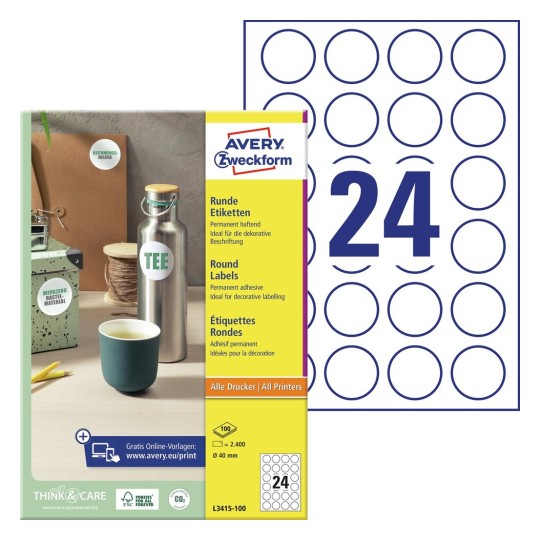 Этикетки для продукции Avery Zweckform, круглые, d-40 мм, 24 штуки на листе, 100 листов