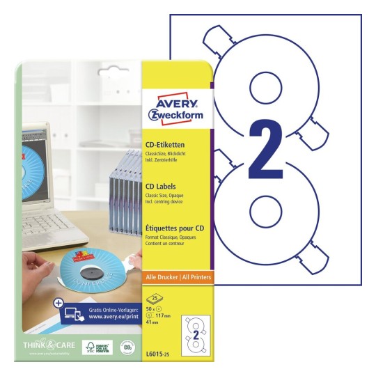 Этикетки для CD, DVD Avery Zweckform, глянцевые, d -117 мм, 2 штуки на листе, 25 листов