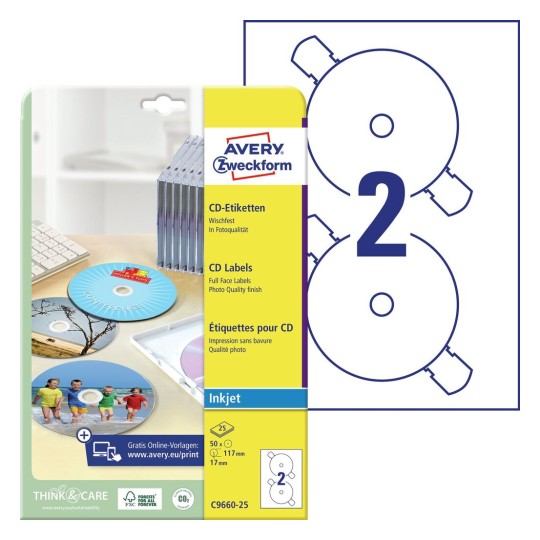 Этикетки для CD, DVD Avery Zweckform, суперглянцевые, d-117 мм, 2 штуки на листе, 25 листов