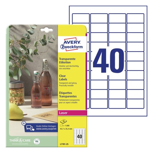 Наклейки прозрачные Avery Zweckform Crystal Clear, 45.7 x 25.4 мм, 40 штук на листе, 25 листов