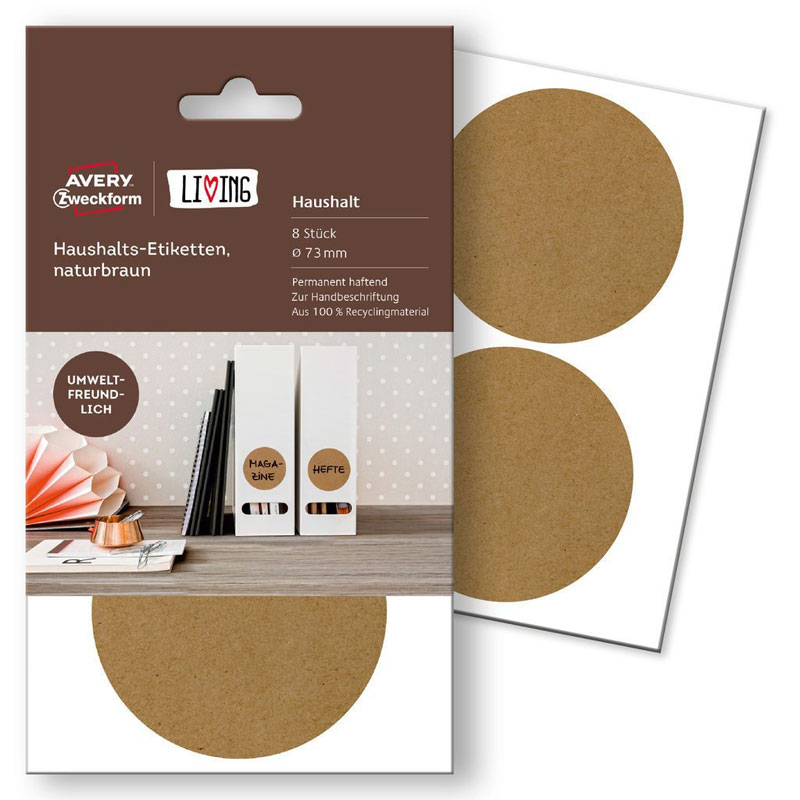 Этикетки для дома Avery Zweckform Living, крафт, круглые,  d-73 мм, 2 штуки на листе, 4 листа