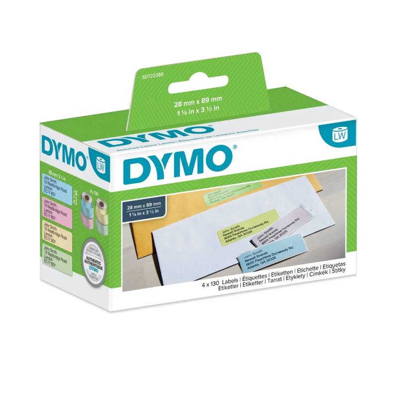 Этикетки адресные для принтеров Dymo Label Writer, 89 мм х 28 мм, 4 х 130 штук, 4 цвета